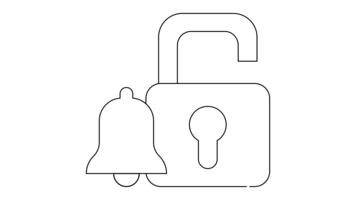 A line drawing of an open padlock next to a bell both in a simple minimalist style video