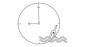 un' orologio mostrando 900 Il prossimo per un' bottiglia con un' Messaggio nel esso galleggiante su stilizzato onde video