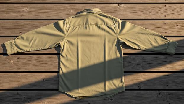 Khaki Button Down Shirt Laid Flat on Wooden Deck photo