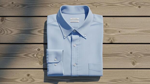 Light Blue Button Down Shirt Folded on Wooden Surface photo