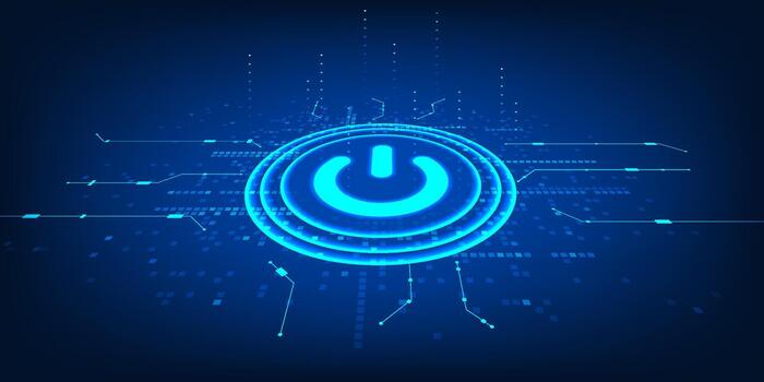 Digital Power Button Switch with Connected Circuit Network, Turning On Innovation System, Smart Technology Activation, Cyber Interface Control, Data Connection, Modern Technology Background vector