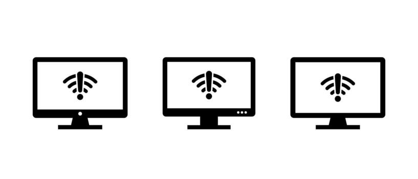 computadora monitor con Wifi advertencia icono. Internet conexión error y red problema símbolo vector