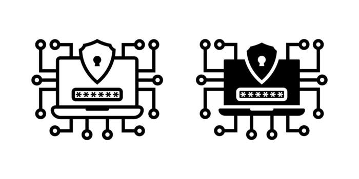 Data Encryption icon set. Minimalist Outline Laptop Security Shield with Password and Circuit Style Icon. illustration on white background. vector