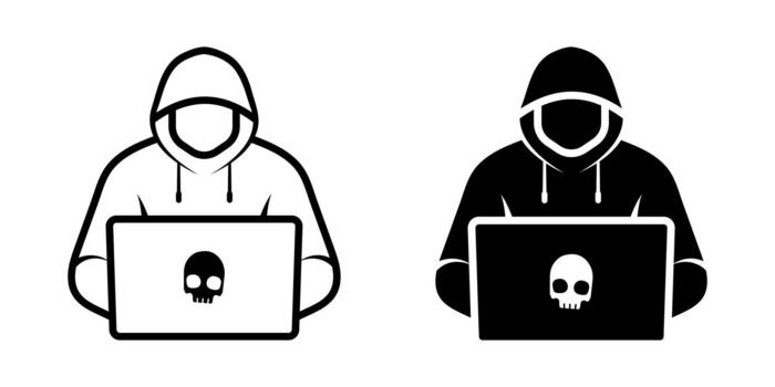 hacker icono colocar. un sencillo ilustración de un hacker en un capucha utilizando un ordenador portátil con un cráneo símbolo en el pantalla. ilustración en blanco antecedentes. vector