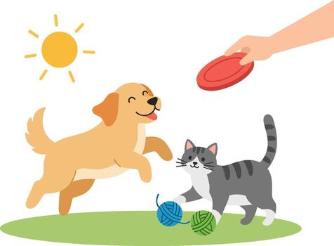 Happy dog and cat playing together outdoors on a sunny day vector