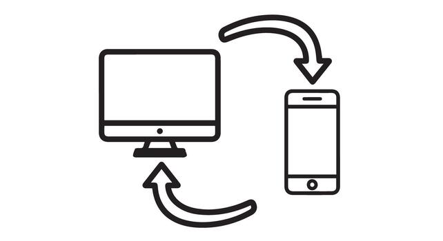 Icon illustrating data synchronization and transfer between a desktop computer monitor and a modern smartphone device, isolated on transparent background vector
