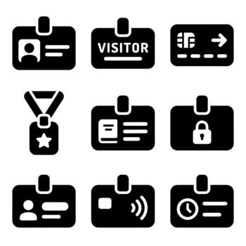 Solid glyph icon set of identification cards and access badges for security and identity verification vector