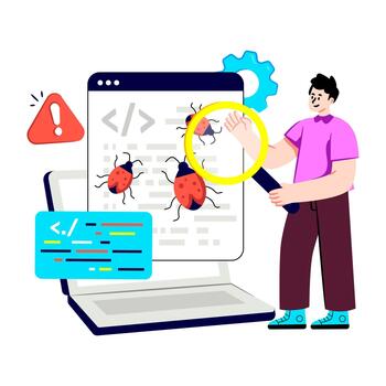 virus debajo aumentador vaso en página web depuración software ilustración vector