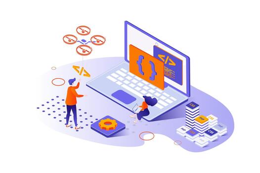 programación empresa 3d isométrica concepto con isometria personas diseño para web. codificadores equipo desarrollando nuevo eso proyecto, creando software a computadora portátil, codificación y pruebas solicitud. ilustración. vector