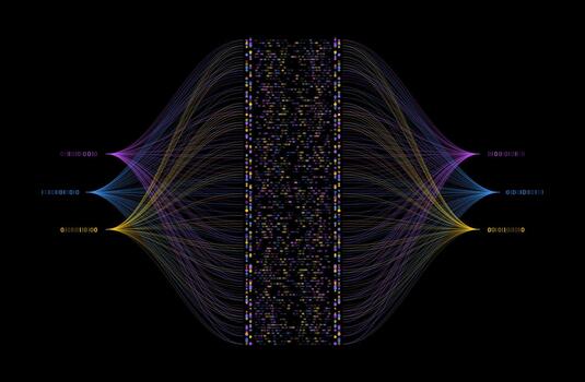 Abstract big data visualization with large data streams, information collection, binary code sorting and complex algorithm representation, illustration vector