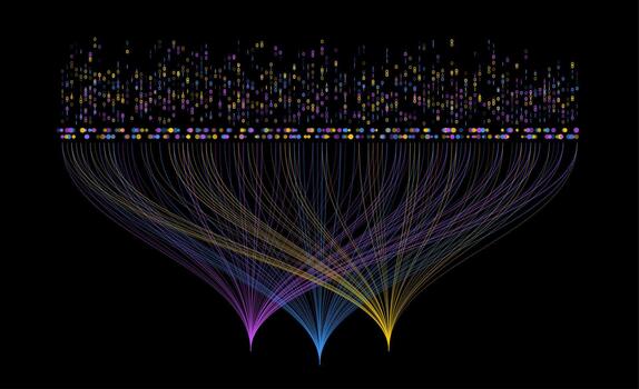 Big data visualization showing large data streams and collection processes, binary code sorting and complex algorithm visualization, illustration vector