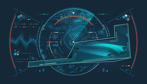 concepto de moderno guerra tecnología o aeroespacial ingeniería, gráfico de militar aeronave con sigilo tecnología y futurista Radar elementos como interfaz vector