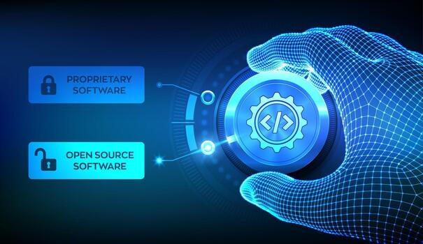 propiedad vs abierto fuente software tecnología concepto. mano ajustando mando a cambiar a abierto fuente software. programación y codificación, software desarrollo, eso soluciones ilustración. vector