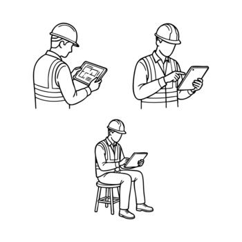 construction worker using tablet illustrations set vector
