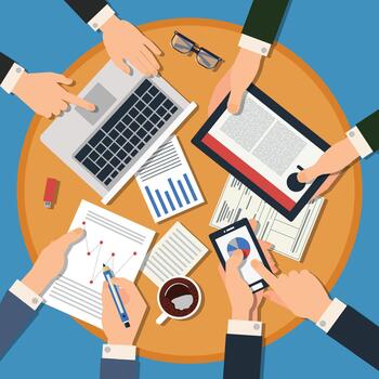 Hands using technology for data analysis vector