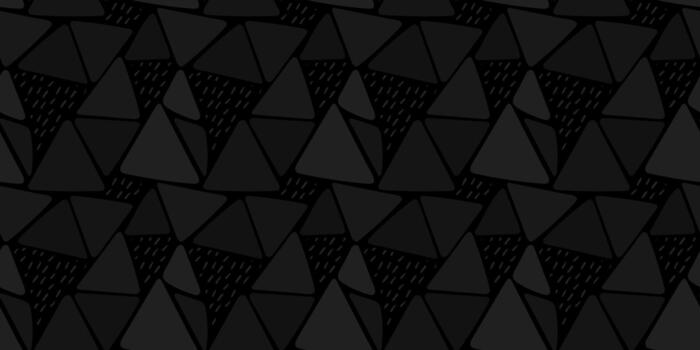 moderno sin costura modelo presentando grande mano dibujado triangulos con decorativo guión y línea texturas en oscuro monocromo gris en un negro antecedentes vector