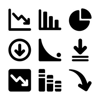 Set of black solid glyph icons showing decrease and downward trends vector