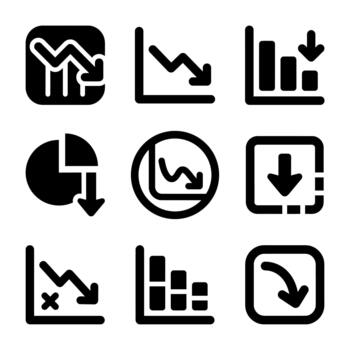 Set of black icons representing financial decrease and downward trends vector