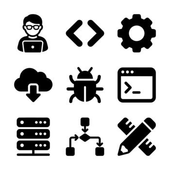 programación y software desarrollo sólido glifo icono conjunto vector