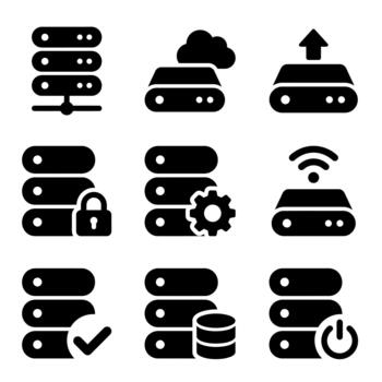 Server Database and Cloud Computing Solid Glyph Icon Set vector