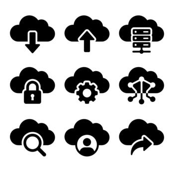 Cloud computing services and data management solid glyph icon set vector