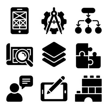 Solid glyph icon set for web and app development process vector