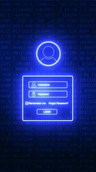 Neon user login interface on binary code background video