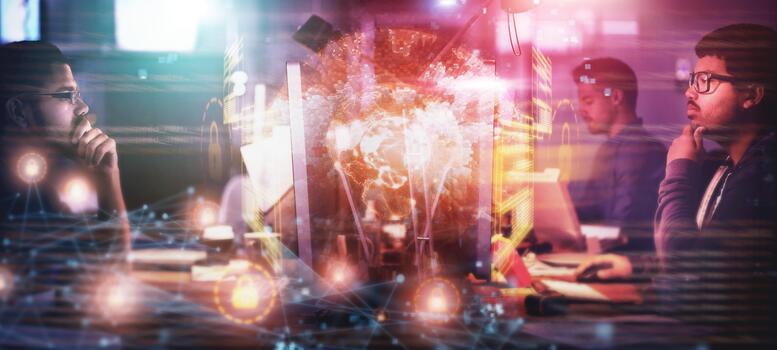 computadora, global la seguridad cibernética y equipo programación software código, en línea sitio web red, nube informática base de datos. programación pirata informático, noche cubrir y desarrollador codificación suplantación de identidad ciber seguridad foto