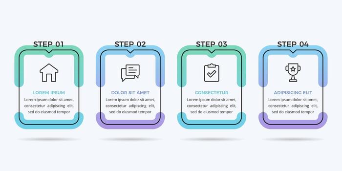 horizontal cuatro paso proceso infografía diseño con rectangular degradado marcos vector