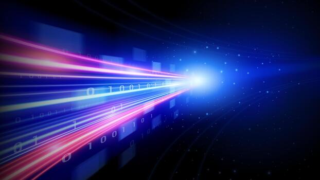 resumen antecedentes con azul ligero caminos y brillante binario código en oscuro fondo. concepto de datos fluido dentro un centro. vector