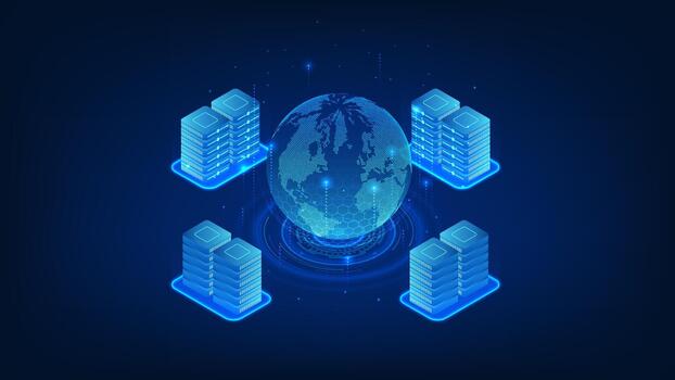 espacio datos centrar tecnología concepto con servidores orbital tierra, global nube informática, futurista red infraestructura, satélite datos almacenamiento y digital transformación vector