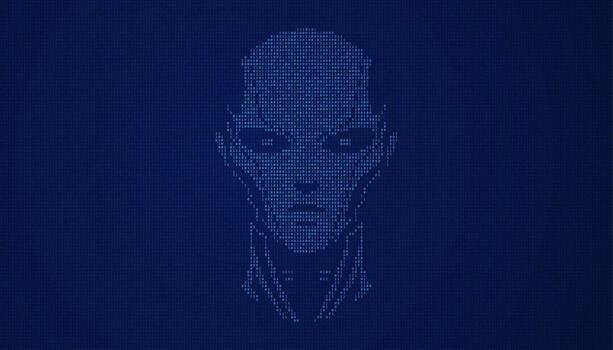Futuristic humanoid head formed from glowing binary code vector