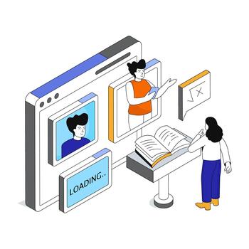 Virtual learning concept with instructors and a book vector