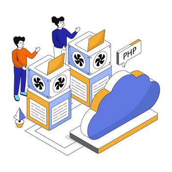 Two people managing PHP cloud servers vector