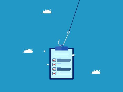 Lista de Verificación en portapapeles con pescado gancho en azul antecedentes vector