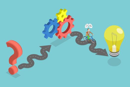 Cyclist navigating gears towards light bulb vector