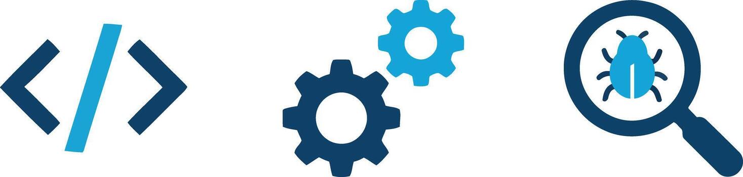 software desarrollo proceso representado por código, construir, y prueba iconos vector