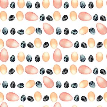 acuarela sin costura modelo con diferente pollo y codorniz huevos. Pascua de Resurrección fiesta ilustración para decorativo fondo, envase papel, tela, primavera vector
