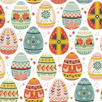 Pascua de Resurrección sin costura modelo con mano dibujado decorado Pascua de Resurrección huevos con bandada adornos escandinavo estilo antecedentes para envase papel, embalaje, textiles, tela huellas dactilares y primavera superficie diseño vector