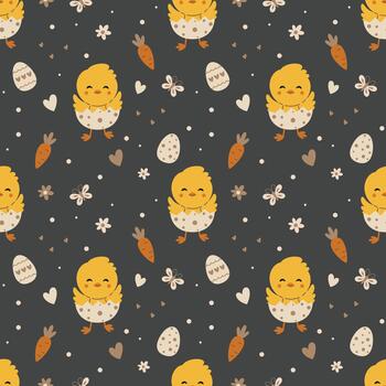 linda Pascua de Resurrección polluelo sin costura modelo con sonriente bebé pollos en huevos, zanahorias, corazones y flores, juguetón primavera fiesta antecedentes para envase papel, tela, textil, fondo de pantalla y festivo diseño vector