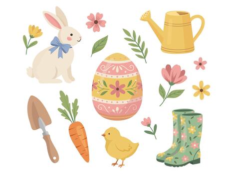 linda Pascua de Resurrección primavera colocar. colección con conejito, huevo, polluelo, flores y jardinería herramientas vector