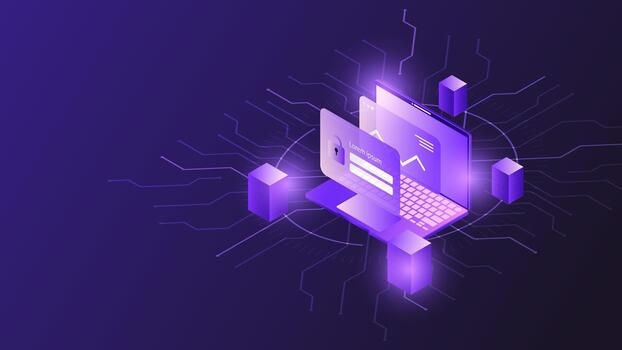 futurista 3d ordenador portátil con candado y blockchain datos cartas para la seguridad cibernética tecnología concepto vector