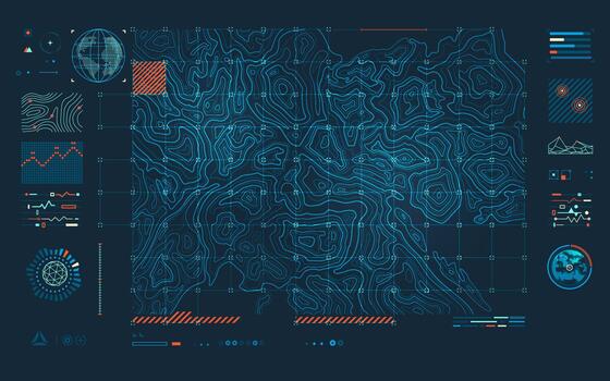 guerra tecnología o militar tecnología, gráfico de terreno mapa con topográfico interfaz vector