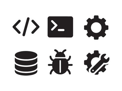software desarrollo y programación íconos con código, base de datos, bicho, y ajustes vector