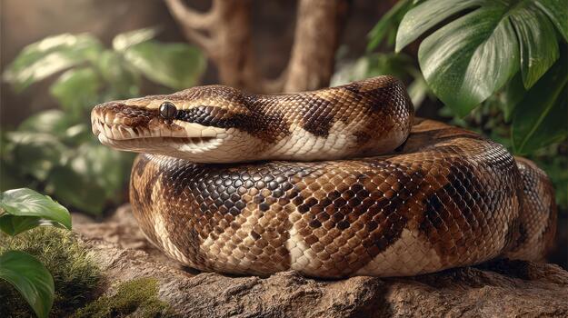 Ball Python Coiled Among Greenery photo