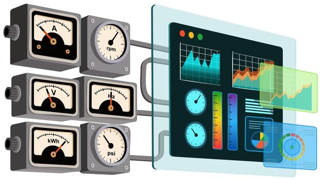 concepto ilustración demostración término análogo medidores conectado a un digital panel, representando industrial digital transformación, inteligente supervisión, y basado en datos operaciones. vector