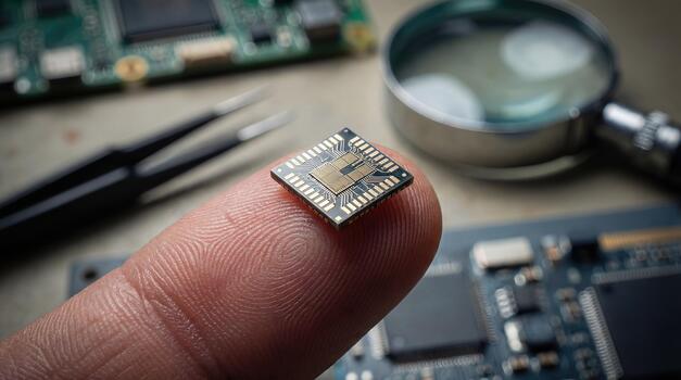 minúsculo pastilla procesador en humano punta del dedo con electrónica antecedentes foto