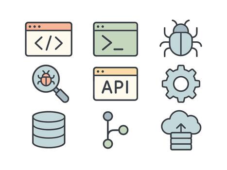 Software development and programming icons set. Symbols for coding, API, bug testing, database, and cloud computing vector