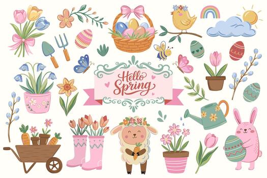 linda primavera mano dibujado colección con Pascua de Resurrección símbolos, flores, animales y jardinería detalles. contento Pascua de Resurrección pastel estilo vector