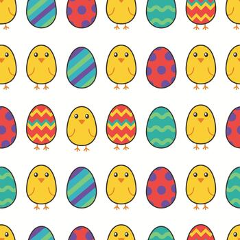 Cute easter chicks and patterned eggs pattern vector